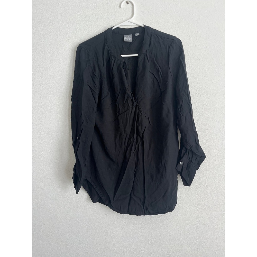 Soho Jeans New York & Company Black V-Neck Pleated Front Blouse Womens Medium